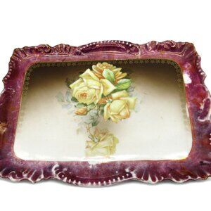 BAVARIA PORCELAIN Tray with Yellow Roses Scalloped Edges Germany Vintage